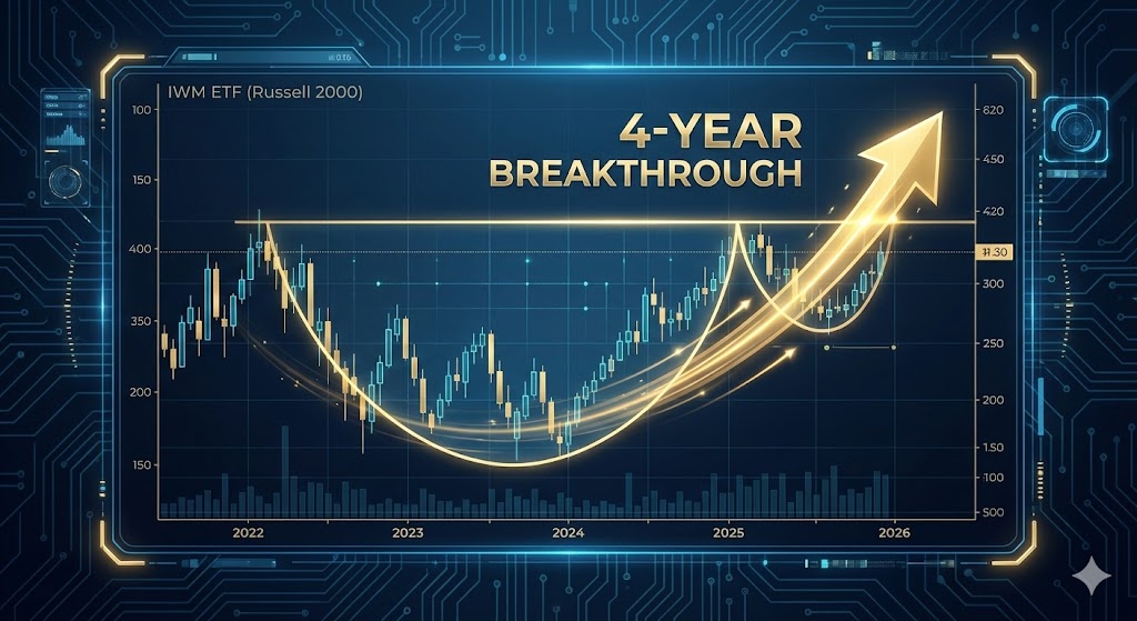 4년 저항선을 뚫고 비상하는 러셀 2000 로켓과 '컵 앤 핸들' 차트 패턴 시각화