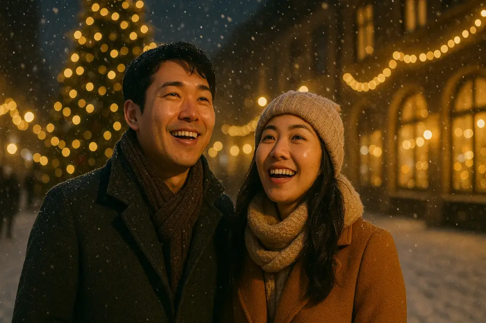 12월 눈내리는 밤거리 연인