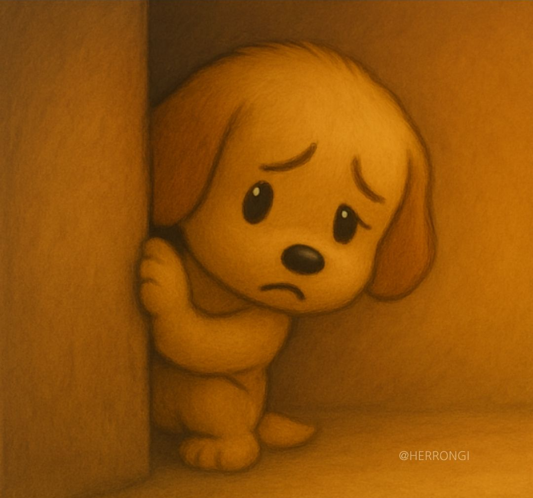 두려워서 밖을 빼꼼히 내다 보는 안쓰러운 강아지