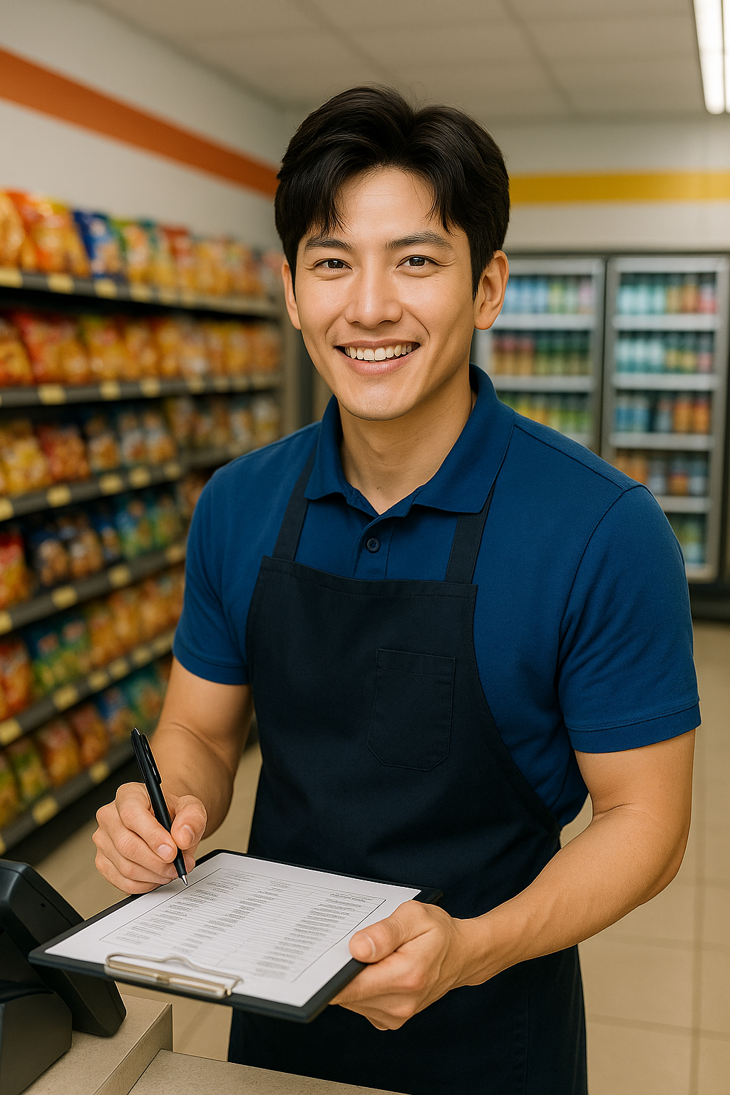 편의점에서 점장이 재고 체크리스트를 들고 미소 짓는 모습