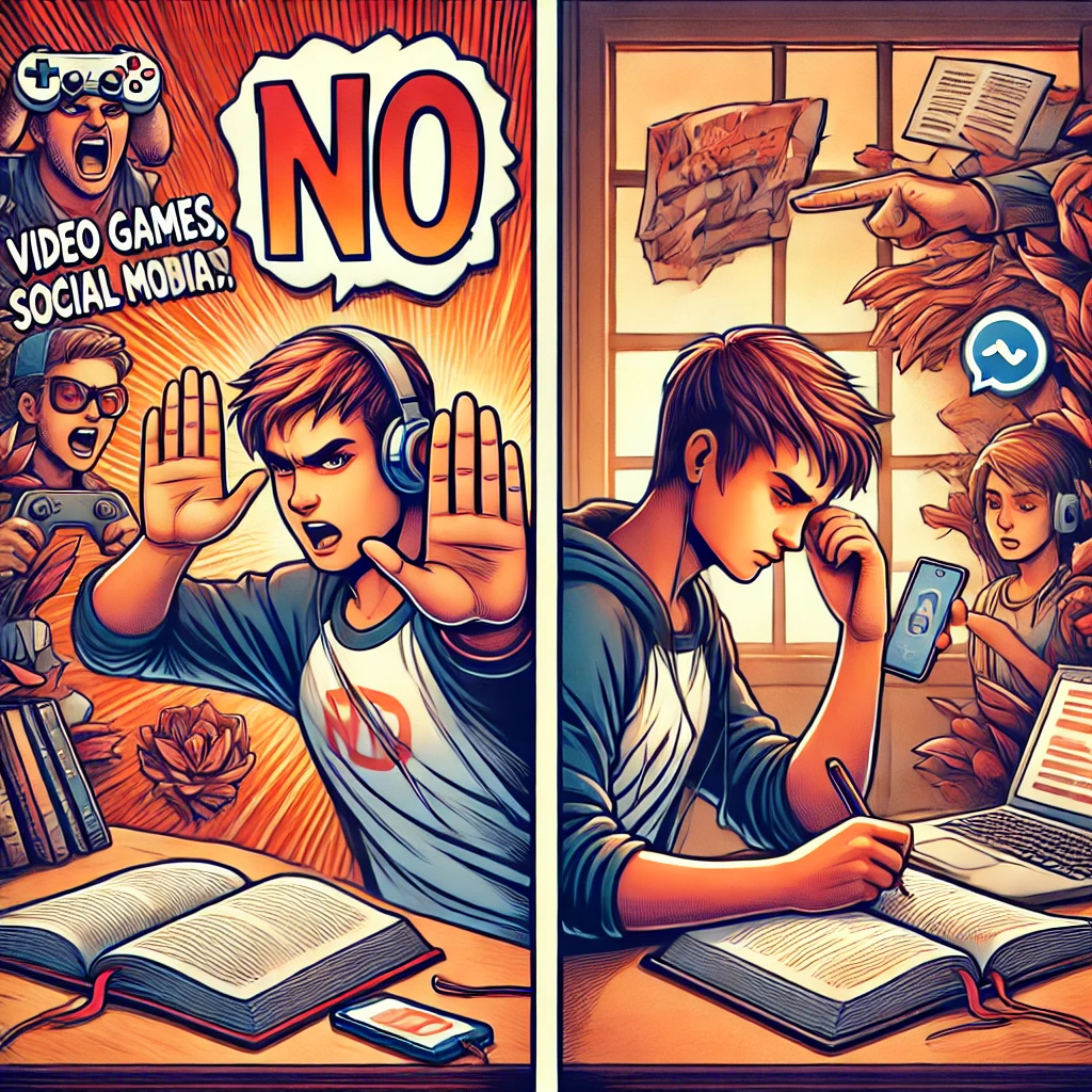 유혹을 거부하고 공부를 하는 일러스트.