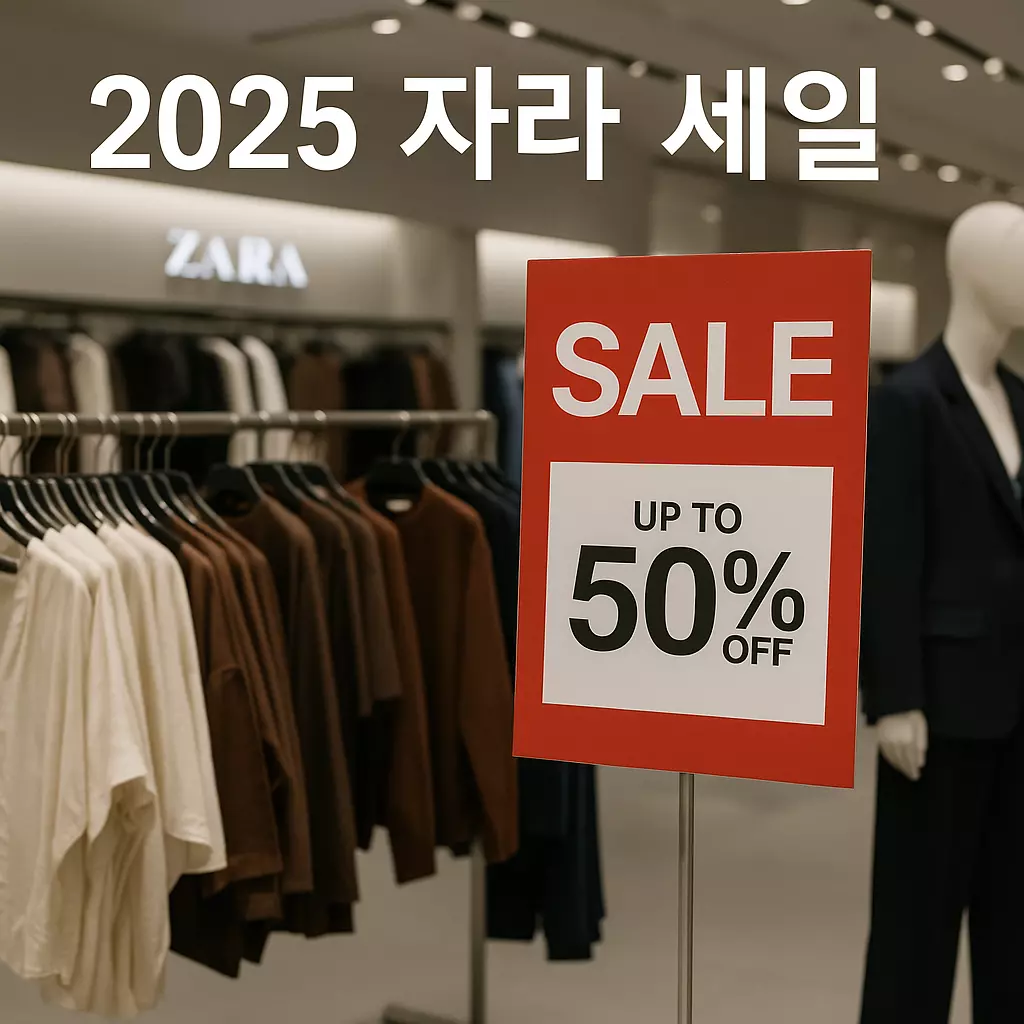 2025 자라 세일, 최대 50% 할인 안내가 붙은 자라 매장 내부 실사 이미지