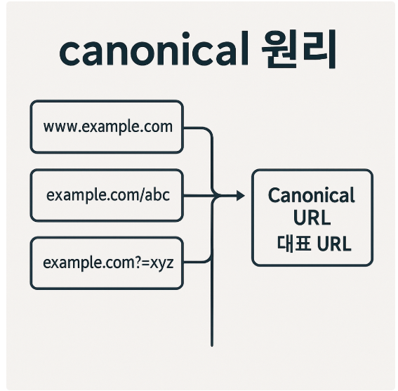 canonical 원리—다양한 URL 신호를 대표 URL로 수렴시키는 구조 도식
