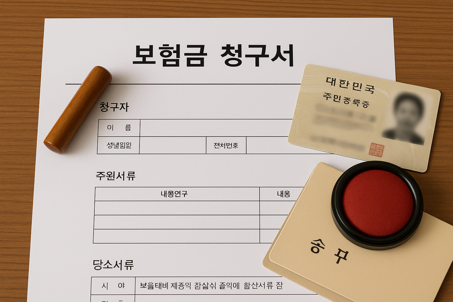 보험금 청구서와 주민등록증, 인감도장, 통장이 책상 위에 정돈된 모습