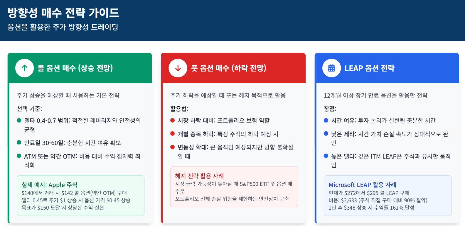 방향성 매수 전략 가이드 이미지. 콜 옵션 매수(상승 전망), 풋 옵션 매수(하락 전망), LEAP 옵션 전략에 대한 요약과 실제 예시 포함