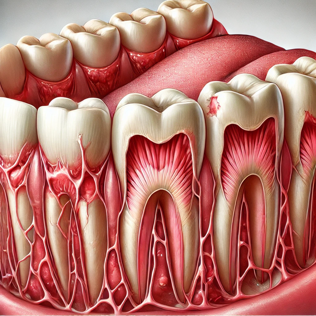 염증, 치석 축적, 잇몸 퇴축 등의 특징을 강조한 치주염 이미지