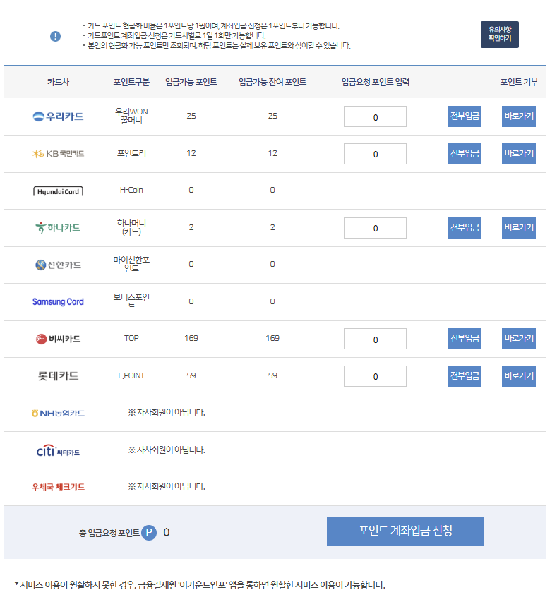 카드포인트 통합조회 후 입금