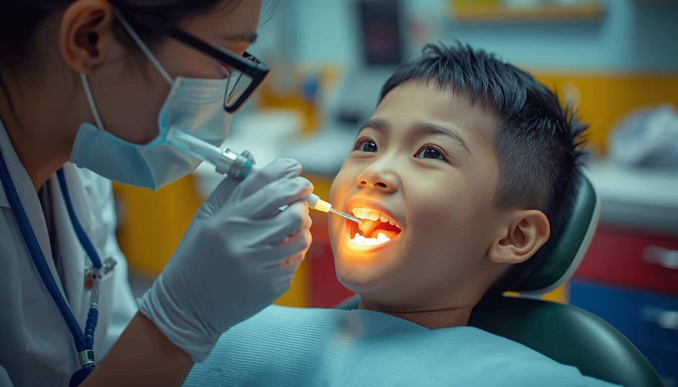 치과에서 불소 도포 치료를 받고 있는 어린이와 치과의사
