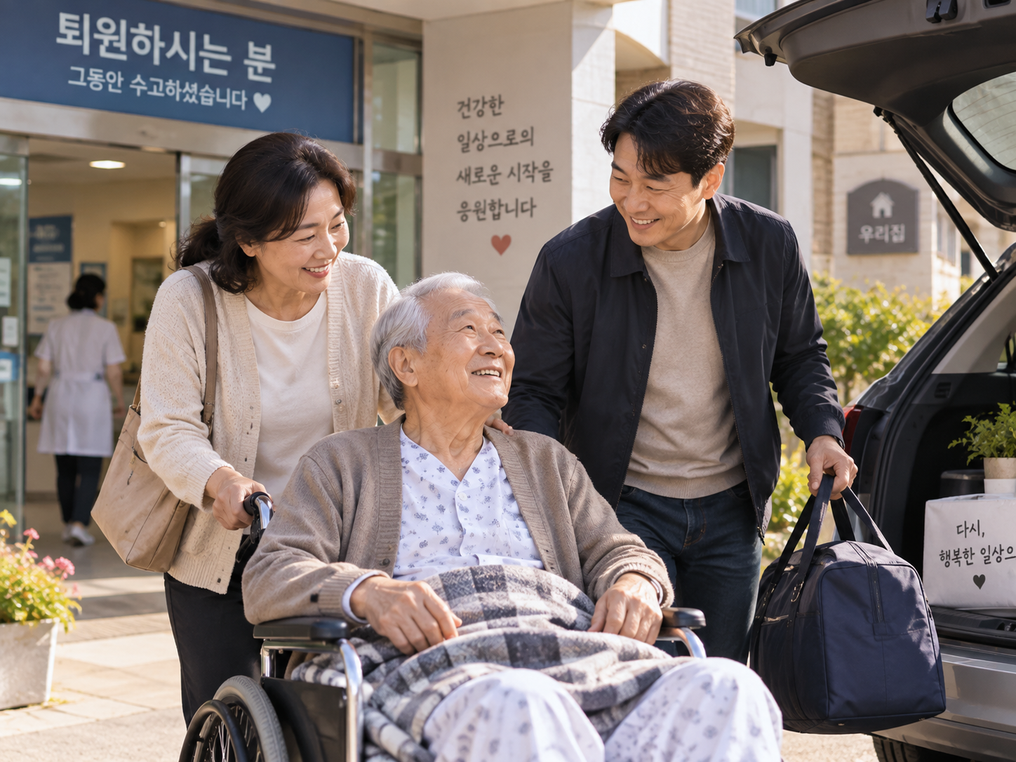 병원에서 퇴원해 집으로 돌아온 어르신과 가족의 모습