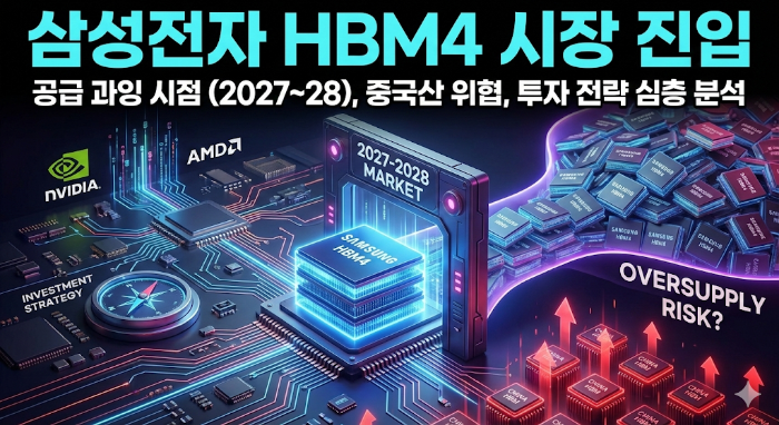 삼성전자 HBM4 시장 진입 및 2027-2028년 공급 과잉 리스크와 중국산 HBM 위협을 분석하는 테크 인포그래픽 썸네일 이미지