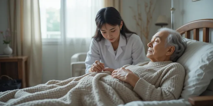 보호자가 환자 이불 정리