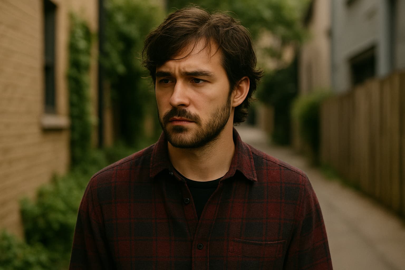 골목길에서 진지하게 한쪽을 바라보는 남성, 겉으로는 무심해 보이지만 속은 깊은 ISFP 성향의 남성