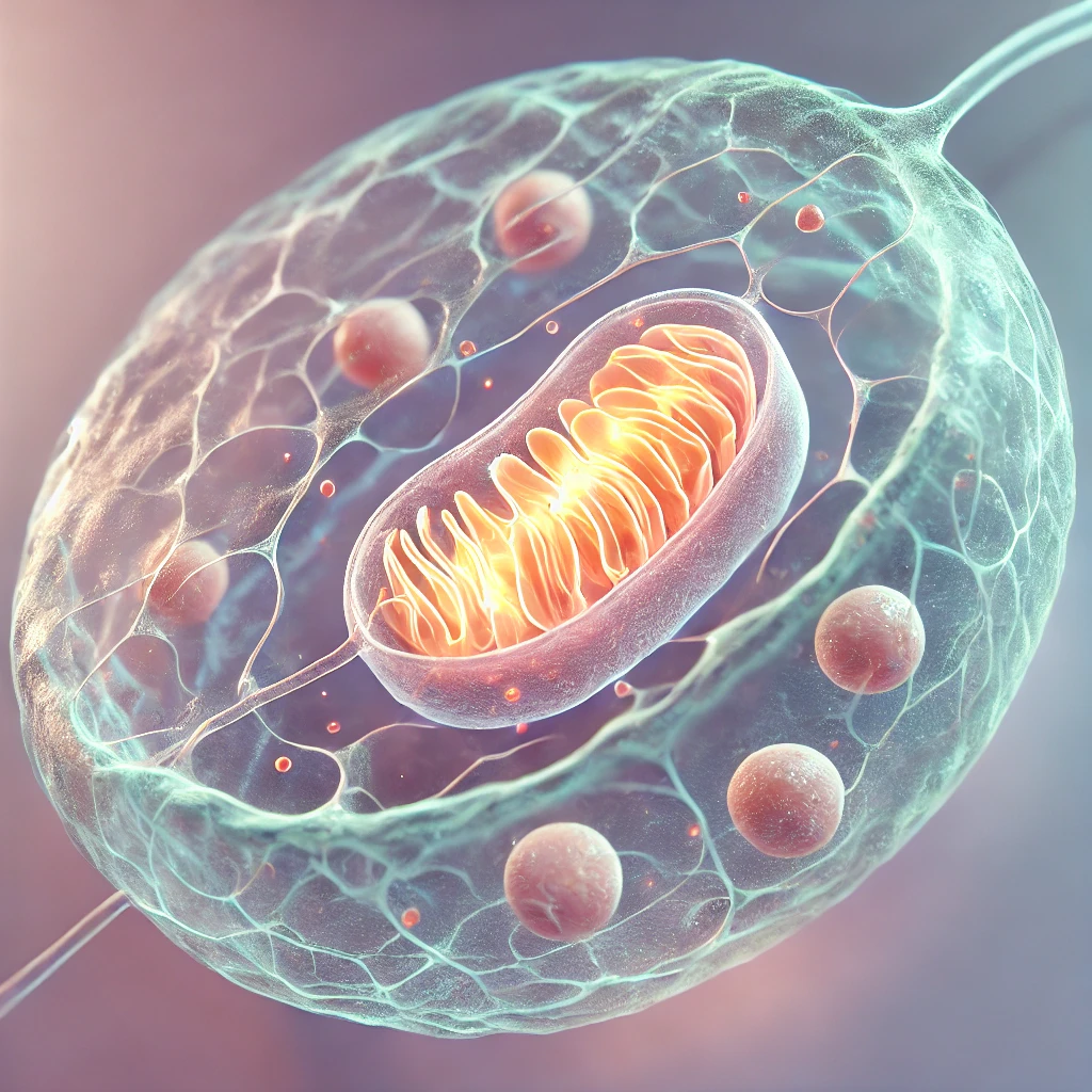 인간 세포 안을 미세하게 들여다본 듯한 이미지&amp;#44; 반투명한 막 속에 빛나는 작은 발전소 같은 미토콘드리아를 3D 스타일로 표현. 부드러운 광원 아래 은은한 파스텔 톤으로&amp;#44; 세포 내부 구조가 은은히 비춰지는 장면