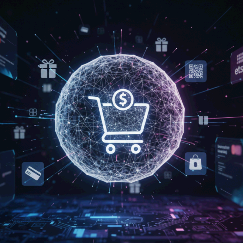 디지털 네트워크 속에서 쇼핑카트 아이콘과 결제, 선물, 보안, QR코드 아이콘이 연결된 미래형 온라인 쇼핑 개념 이미지