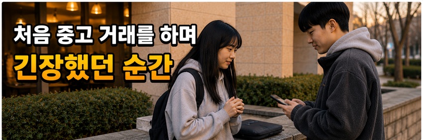 야외 약속 장소에서 중고 거래를 앞둔 두 사람이 휴대전화와 거래 물건을 확인하며 마주 서 있는 모습