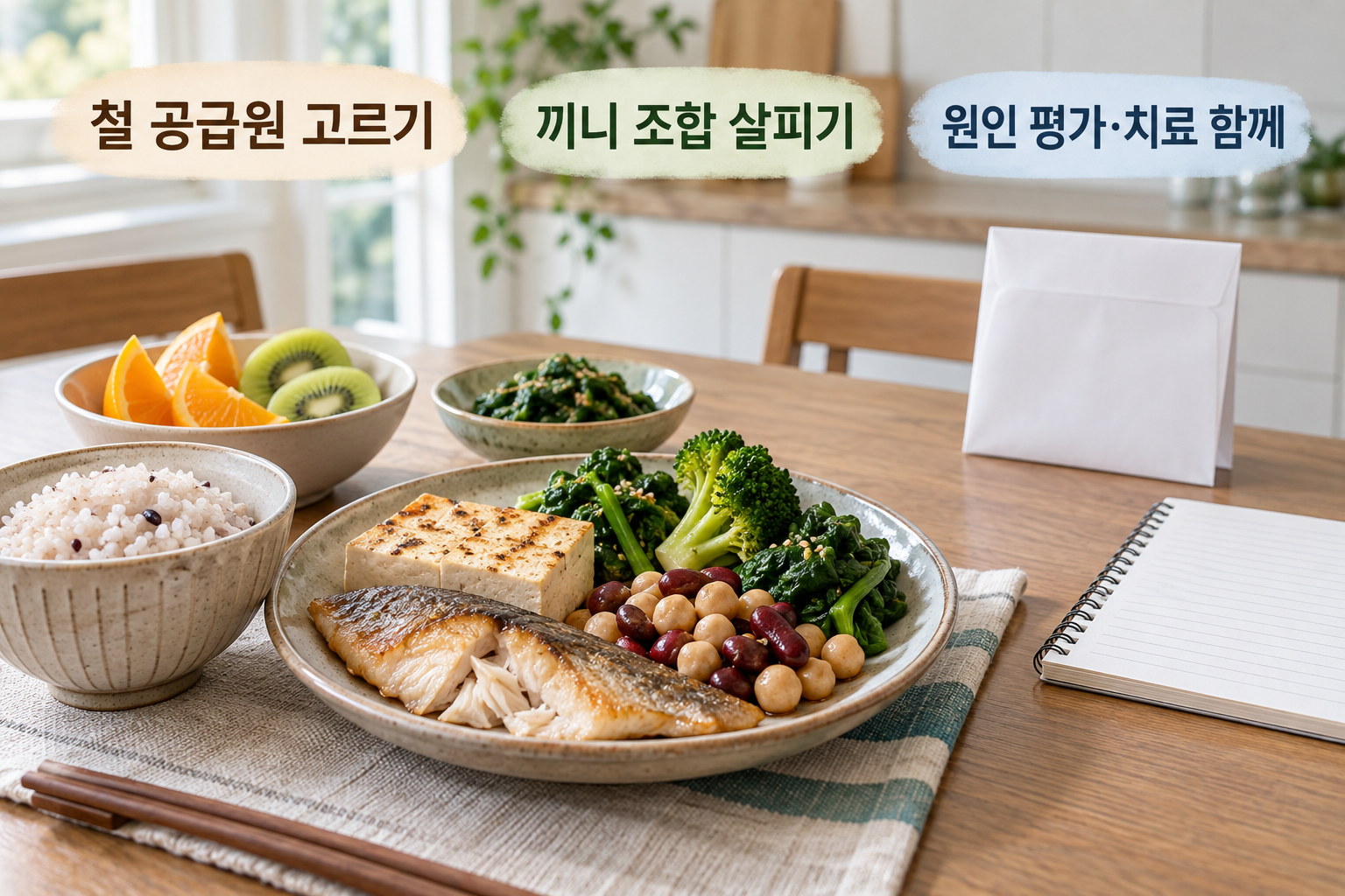 철 공급원과 채소·과일 식사, 분리한 처방봉투와 기록수첩을 함께 둔 식탁