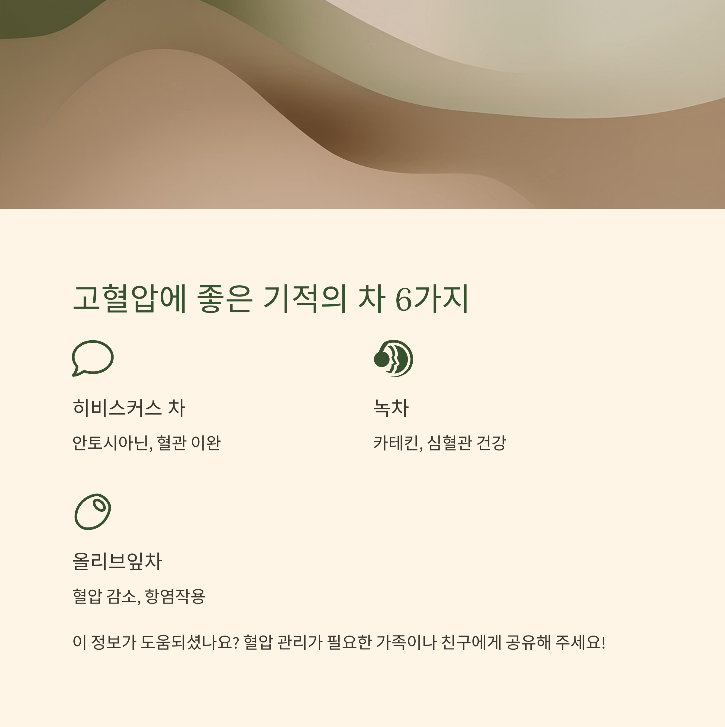 고혈압에 좋은 기적의 차 6가지를 소개하는 이미지, 히비스커스차, 녹차, 올리브잎차의 효능을 텍스트로 안내