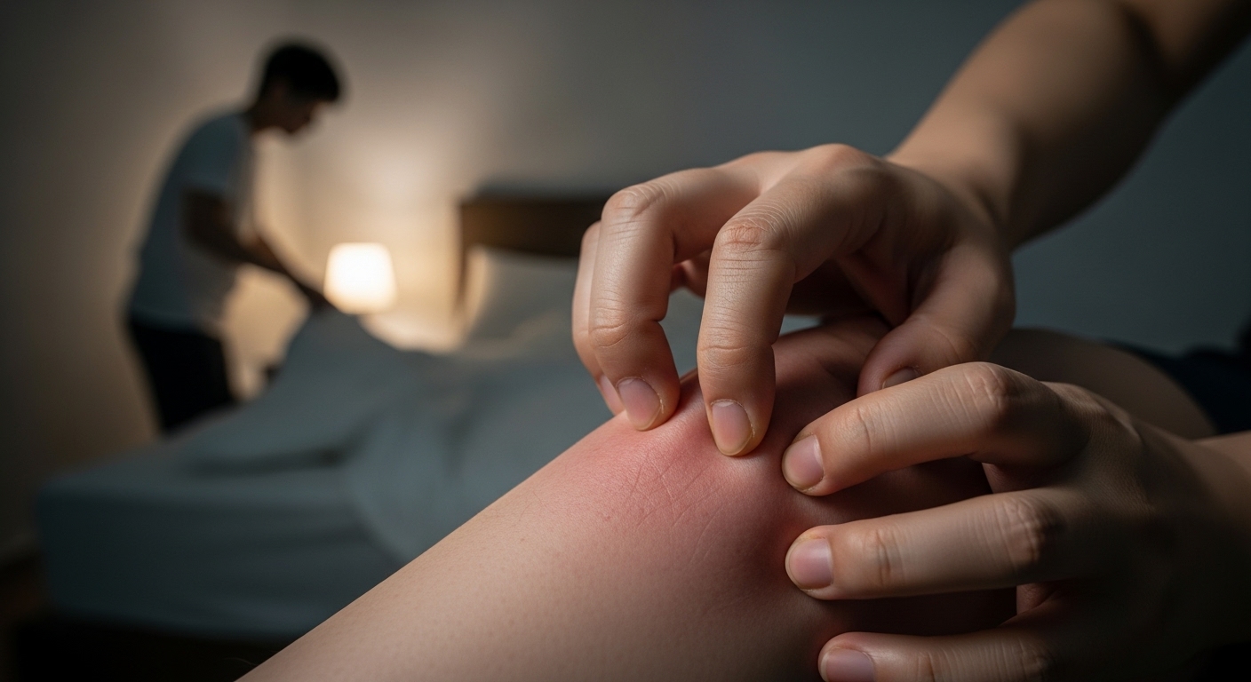 가려워서 팔을 긁는 사람의 손과 밤에 침대에서 일어나는 실루엣, 신장 질환으로 인한 가려움과 야간뇨