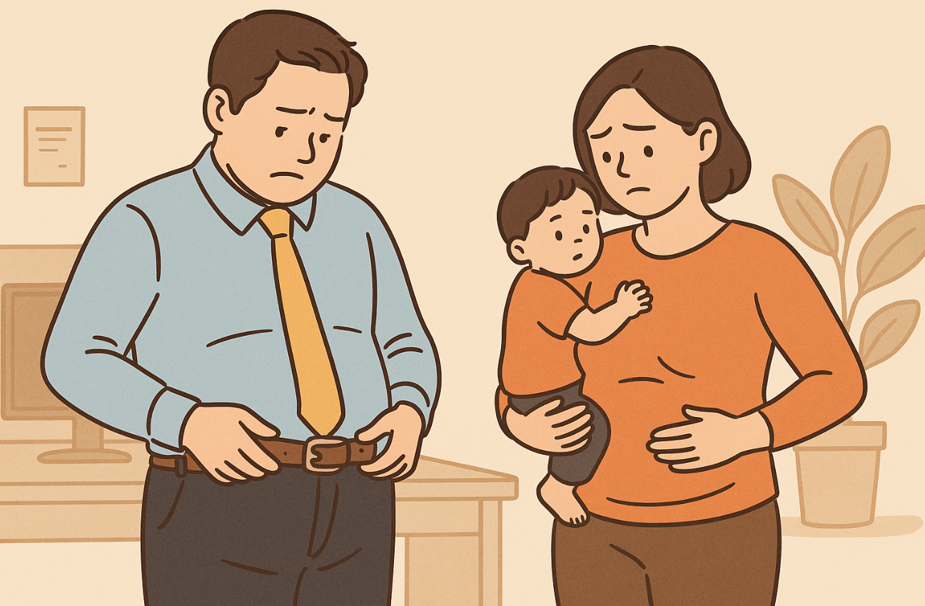 남성과 여성이 일상 속에서 복부비만을 자각하는 모습의 일러스트
