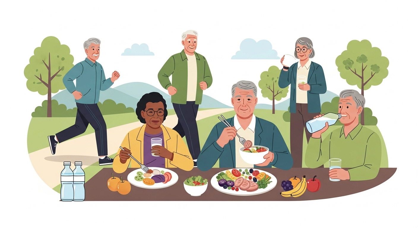 중년 남성들이 조깅하고 건강한 식사를 하는 모습. 전립선 건강을 위한 균형 잡힌 생활 습관을 상징.