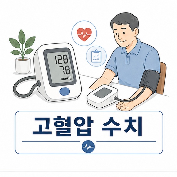 자동 혈압계로 혈압을 측정하며 고혈압 수치의 기본 개념을 소개하는 그림