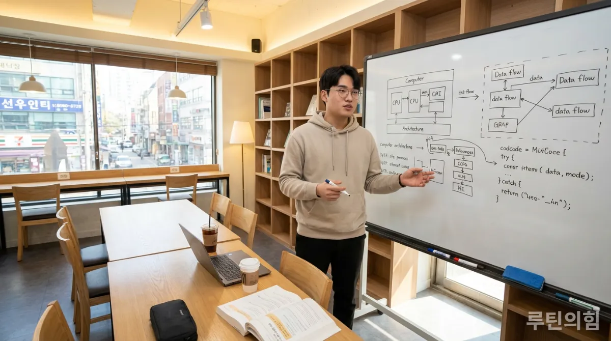 화이트보드에 IT 문제를 해결하는 한국인 학생