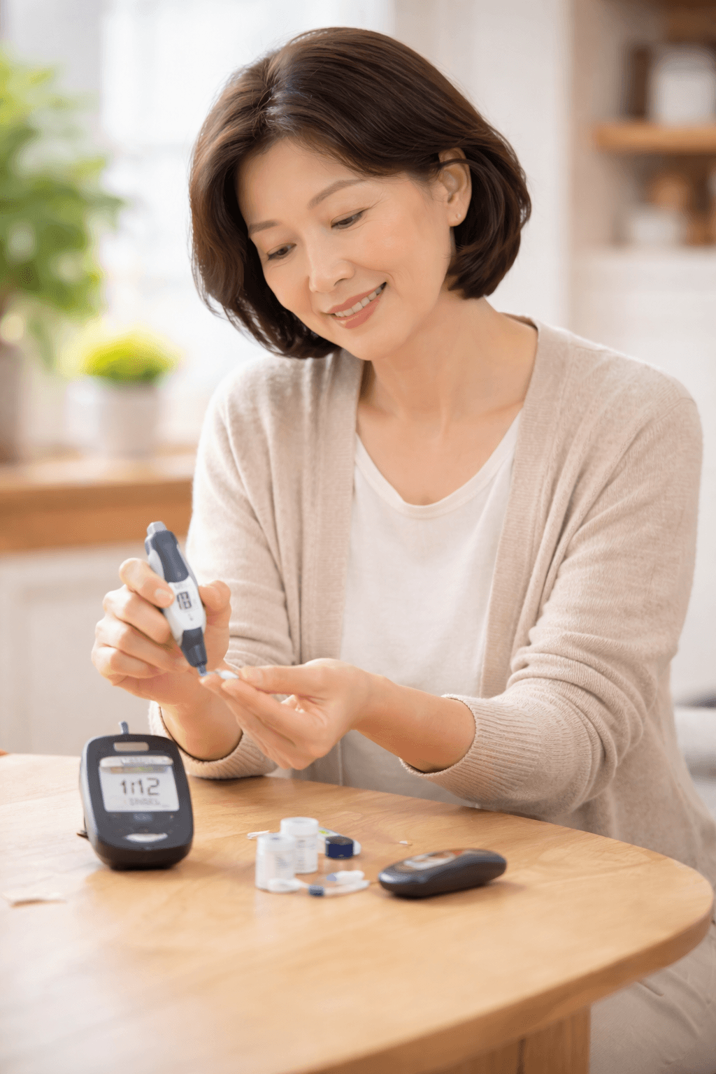 당뇨측정기계로 혈당 측정하고 있는 모습