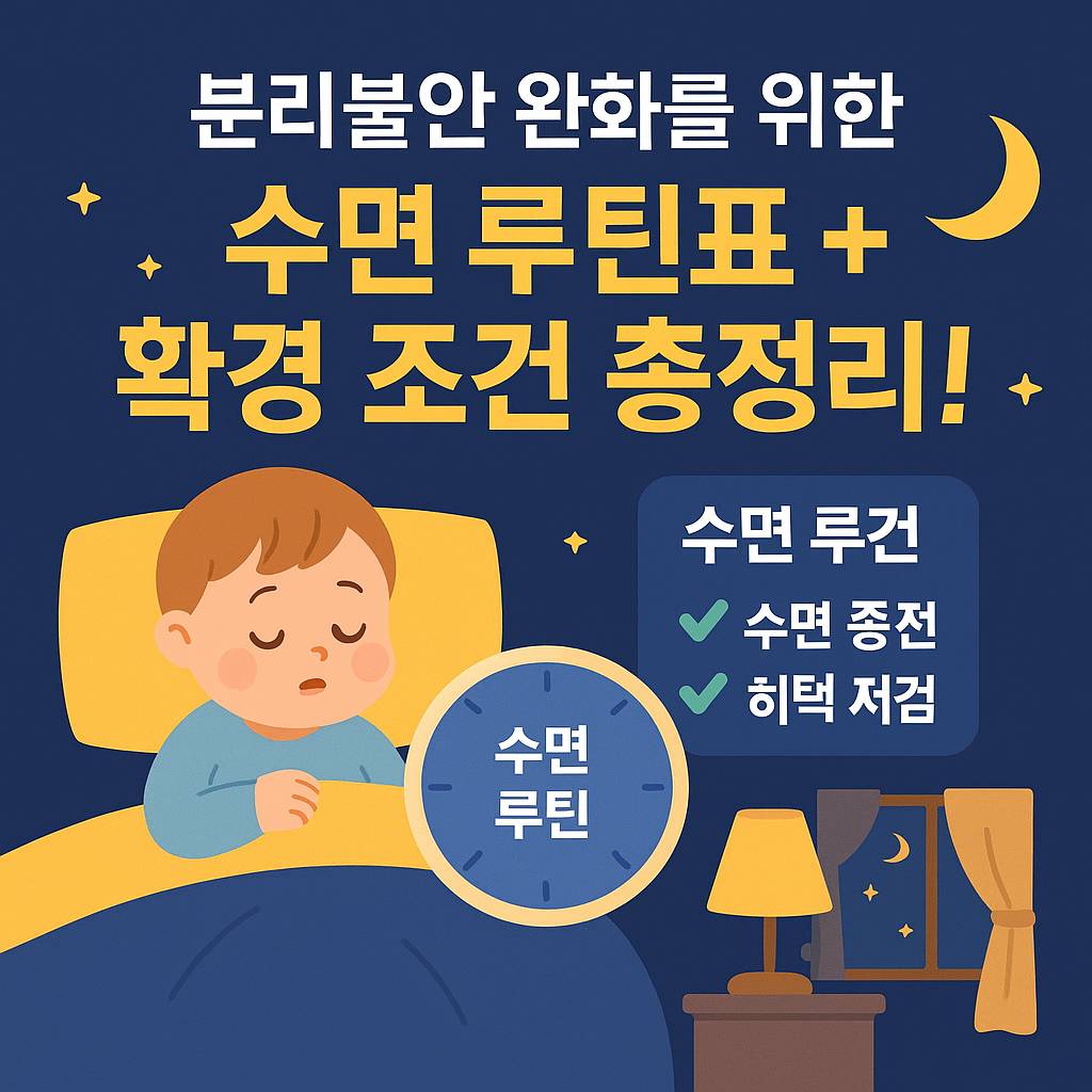 분리불안 완화를 위한 수면 루틴표와 환경 조건 총정리&rdquo;라는 제목과 함께, 침대에서 잠든 아기 그림과 수면 루틴 체크리스트(✔ 수면 종전, ✔ 히탁 저검)가 나와 있는 육아 정보형 썸네일 이미지. 밤 하늘, 별, 창문, 스탠드 조명 등이 함께 어우러진 디자인