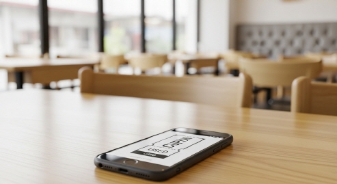 음식점 테이블&amp;#44; 스마트폰 화면에 쿠폰 &lsquo;사용 완료&rsquo; 문구