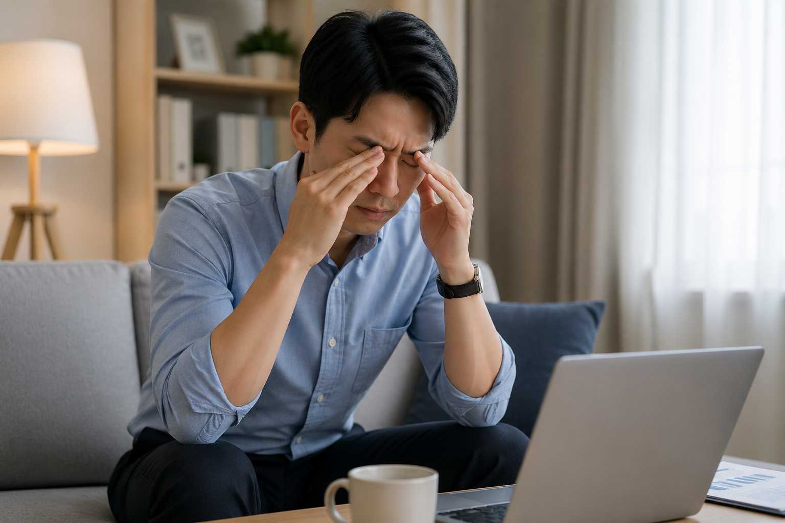 스트레스로 눈꺼풀이 떨리는 남성이 눈꺼풀을 손으로 누르고 있는 모습