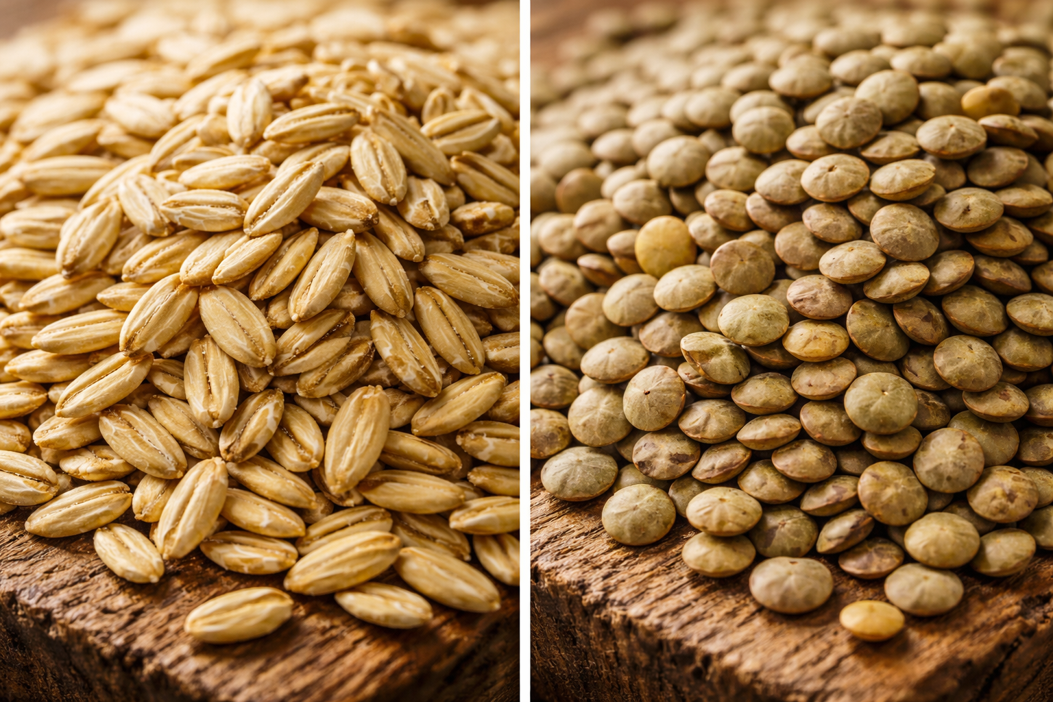 왼쪽은 귀리 더미, 오른쪽은 렌틸콩 더미