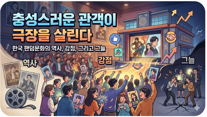 한국 팬덤문화의 복잡성을 시각화한 교육적 일러스트레이션으로, 세 개의 서로 다른 섹션으로 나뉘어 있습니다. 좌측에는 "역사"라는 제목 아래 영화 릴과 낡은 포스터가 있어 과거의 향수를 보여줍니다. 중앙에는 "강점"이라는 제목 아래 스마트폰을 든 활기찬 젊은 군중이 영화 배우를 응원하며 극장에 긍정적인 에너지를 불어넣는 모습을 보여줍니다. 우측에는 "그늘"이라는 제목 아래 어둡고 긴장된 분위기 속에서 몰래 사진을 찍는 파파라치들이 있습니다. 전체적인 배경은 현대적인 극장입니다.