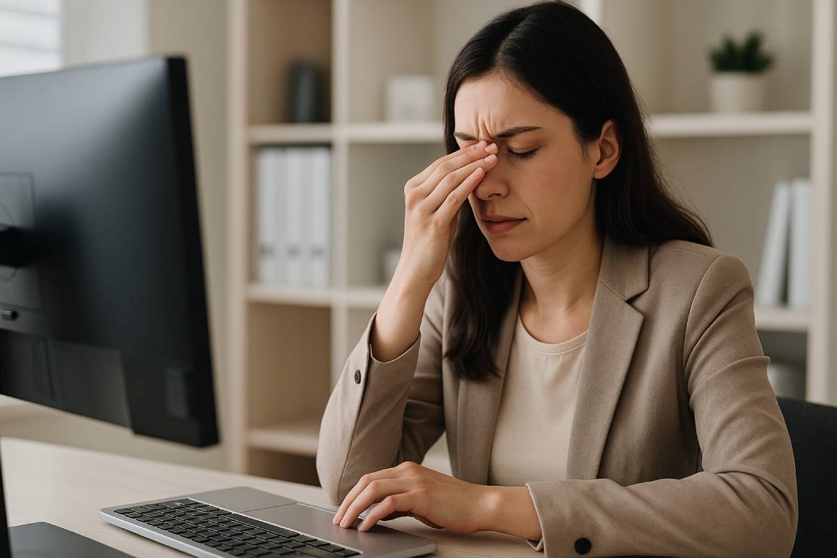 컴퓨터 블루라이트 차단이 필요한 여성 직장인의 눈 피로 증상