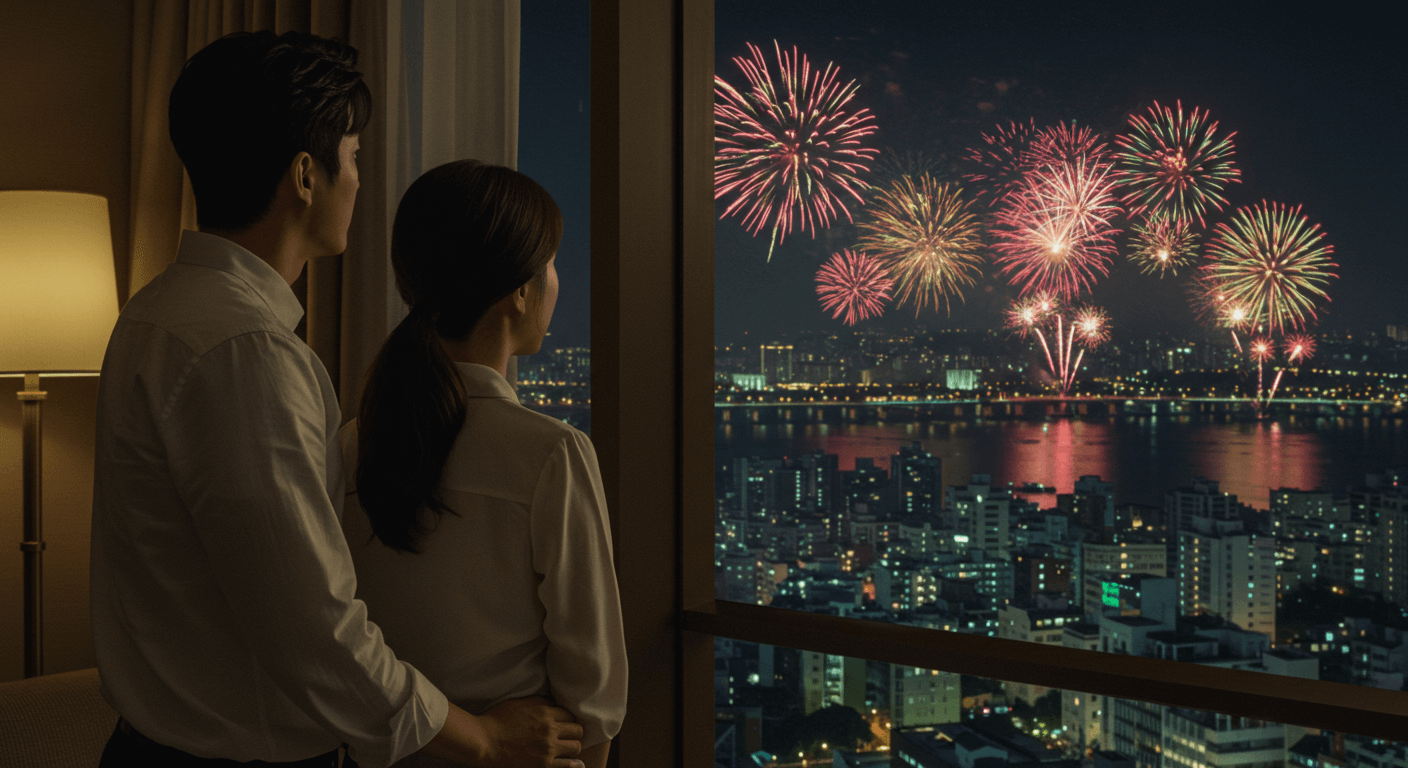 호텔 창가에서 불꽃놀이를 바라보는 한국인 커플 1