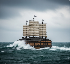 거친 파도가 몰아치는 명량해협을 배경으로 굳건히 서 있는 판옥선 한 척의 이미지. 절체절명의 위기 속에서도 희망을 잃지 않는 결연한 의지를 상징한다.