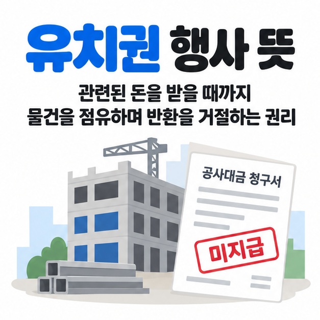 유치권 행사 뜻을 공사대금을 받지 못한 시공업자가 건물을 점유하며 돈을 받을 때까지 반환을 거절하는 모습으로 표현한 카드뉴스