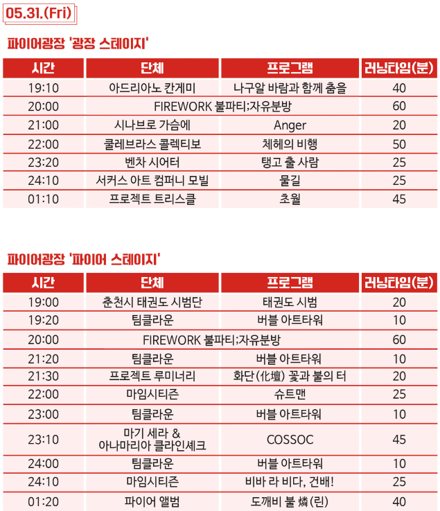춘천마임축제 불의도시 프로그램 타임스케줄(출처-홈페이지)