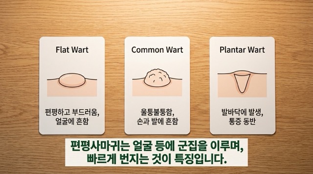 평편사마귀 보통사마귀 족저사마귀 형태 위치 특징 비교 상세"