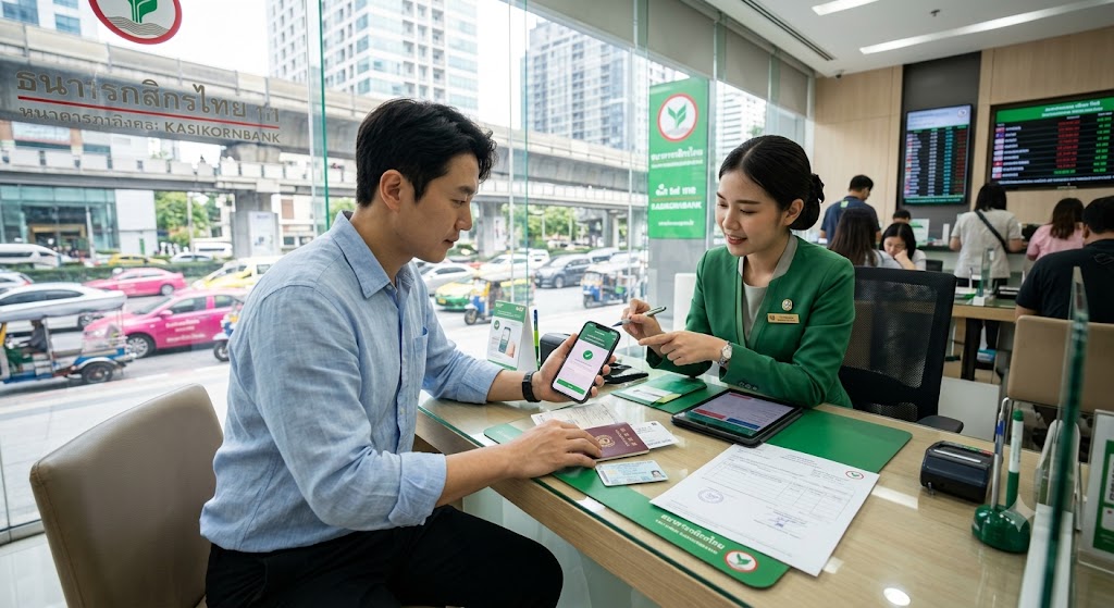 방콕 시내 은행 지점 창구에서 모바일 뱅킹 앱 등록을 진행하는 모습