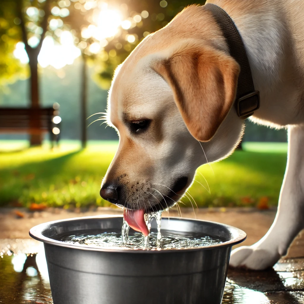 공원에서 금속 물그릇으로 물을 마시는 래브라도 리트리버