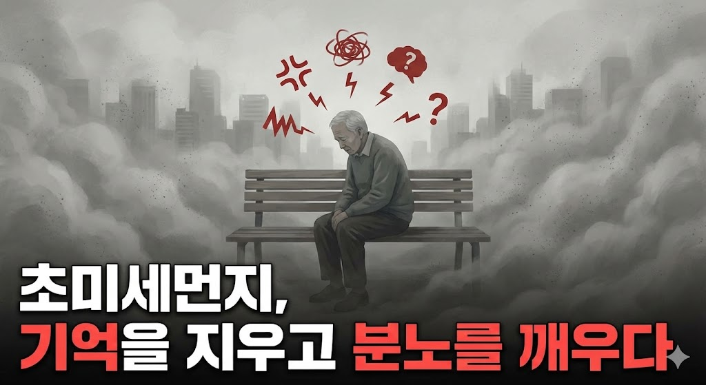 짙은 미세먼지 속 벤치에 홀로 앉은 노인과 분노·혼란을 상징하는 아이콘이 그려진 '초미세먼지, 기억을 지우고 분노를 깨우다' 포스팅 썸네일
