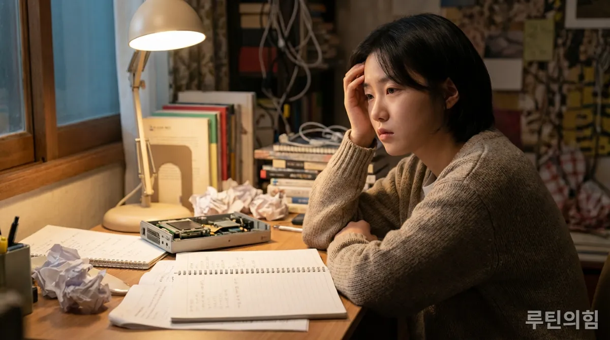 어지러운 책상 앞에서 고민하는 한국인 성인의 모습