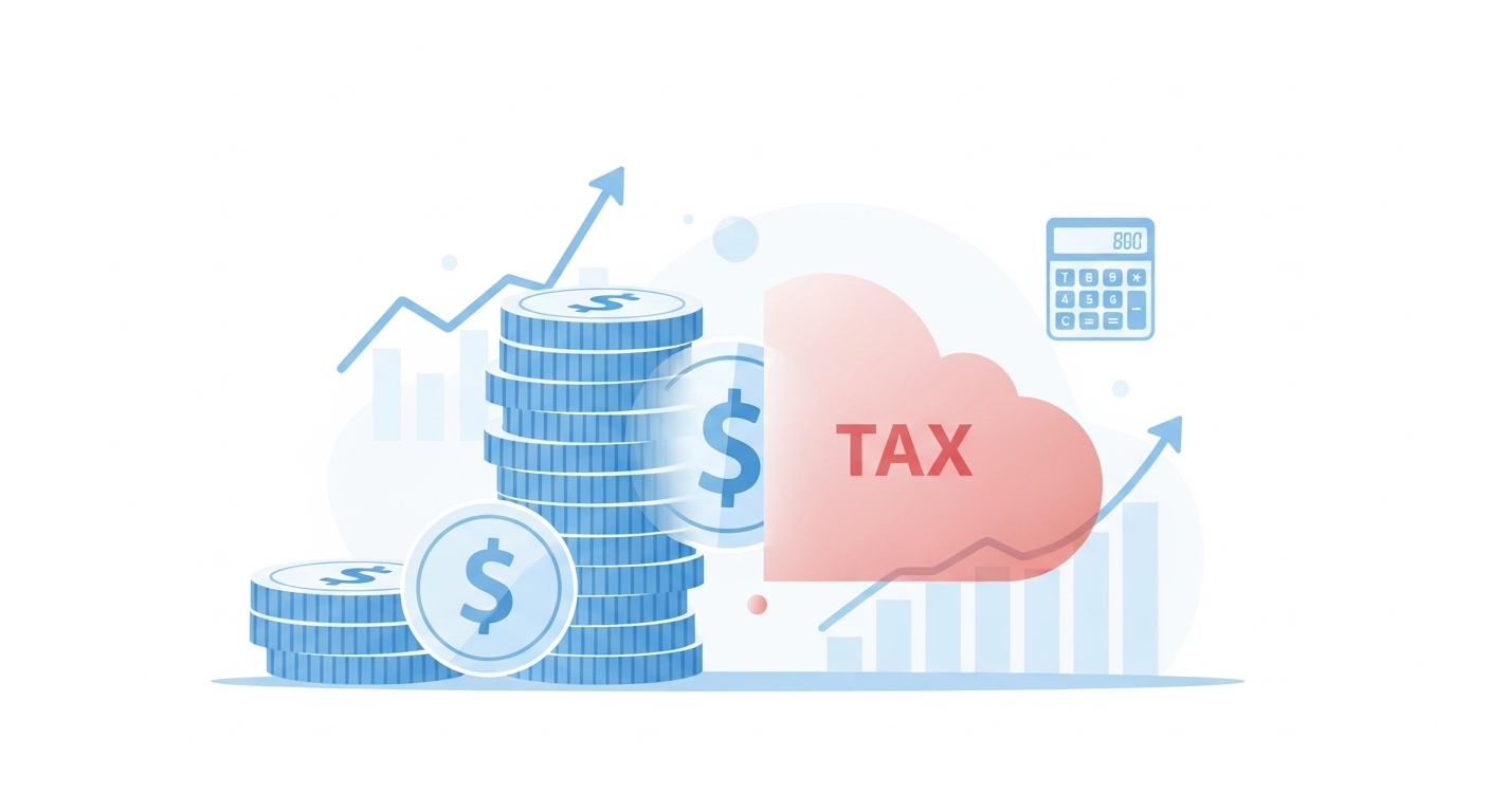 ISA 계좌를 통한 절세 혜택을 시각적으로 나타내는 이미지. 세금 구름에서 돈이 절약되어 쌓이는 모습과 함께 자산이 성장하는 그래프가 강조됩니다.