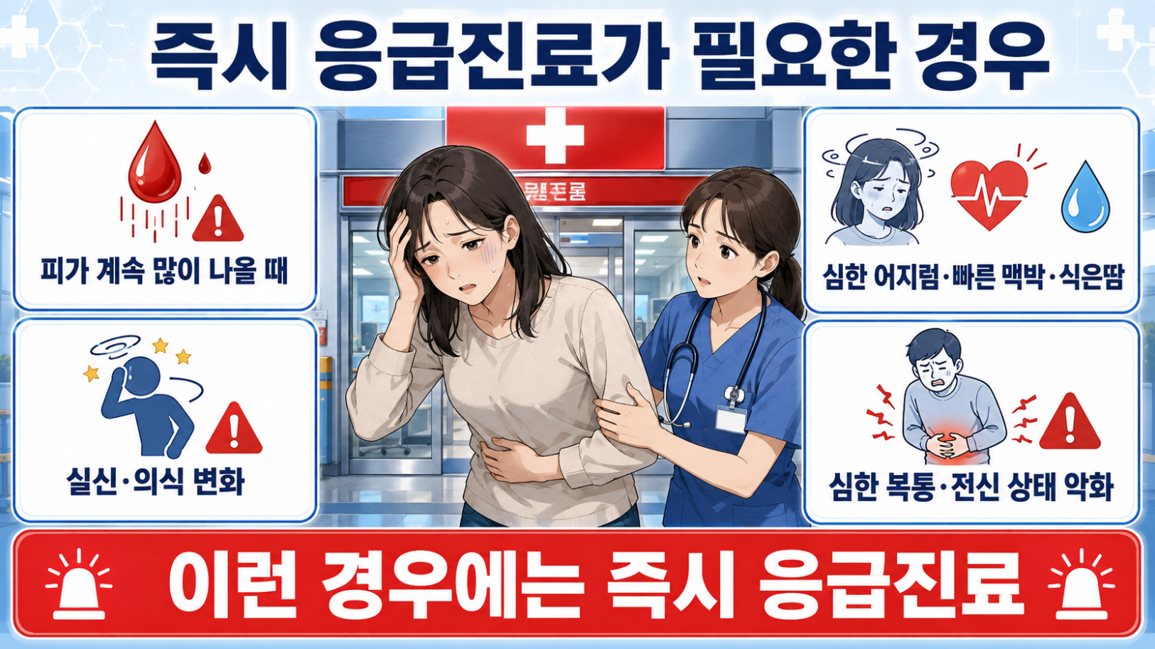 혈변과 흑색변에서 실신 의식 변화 심한 어지럼과 복통 등 즉시 응급진료가 필요한 경우