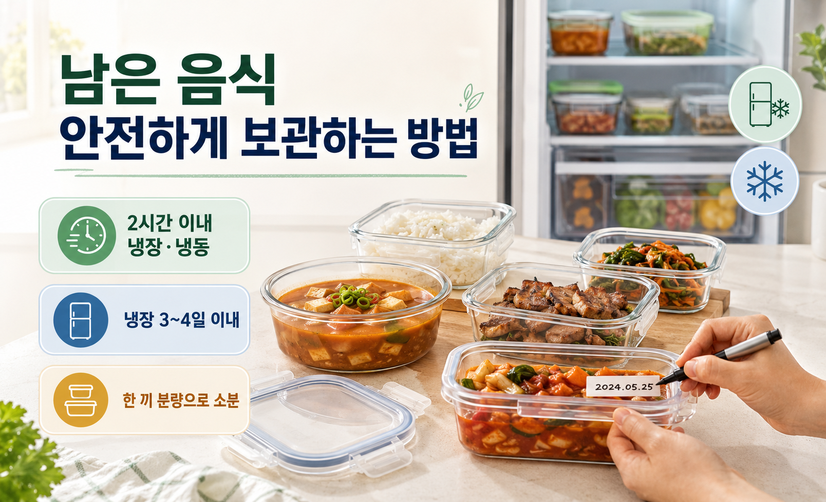 남은 음식 안전하게 보관하는 방법과 냉장 보관, 냉동 보관, 소분 보관 방법을 설명하는 대표 이미지
