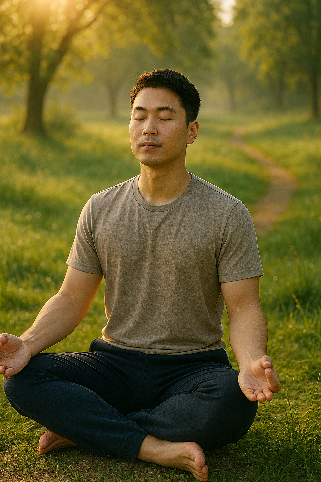 공원에서 요가하며 면역력을 높이는 한국인의 아침 루틴 모습