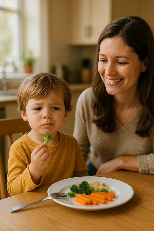 주방 식탁에서 엄마가 미소 지으며 아이를 바라보는 장면. 아이는 브로콜리를 들고 고개를 살짝 갸우뚱하며 망설이는 표정을 짓고 있다. 접시에는 브로콜리, 당근, 옥수수 등의 채소가 담겨 있다.