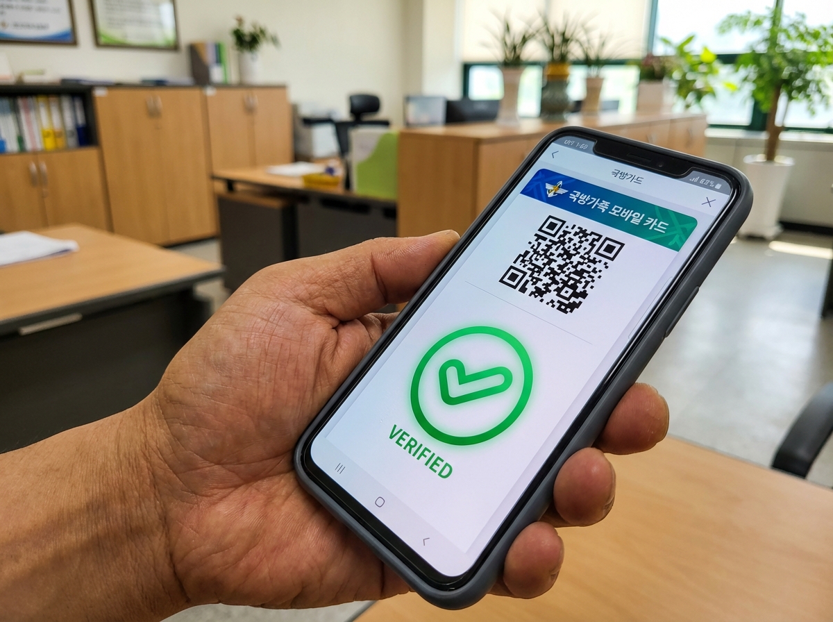 Close-up of a hand holding a smartphone displaying a dynamic military family mobile card (milipass) registration screen with a verification mark.