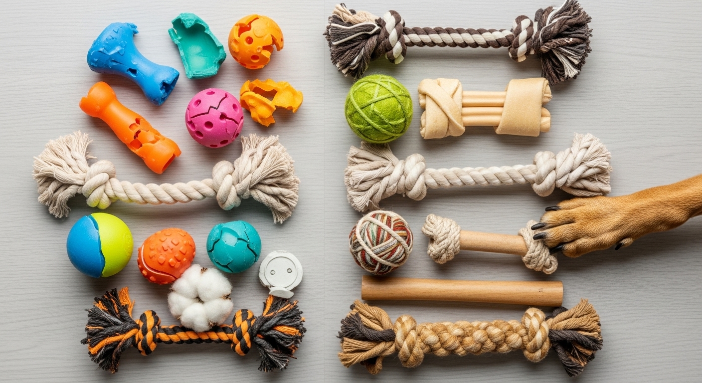 저렴한 플라스틱 장난감과 내구성 좋은 프리미엄 장난감을 비교하는 모습