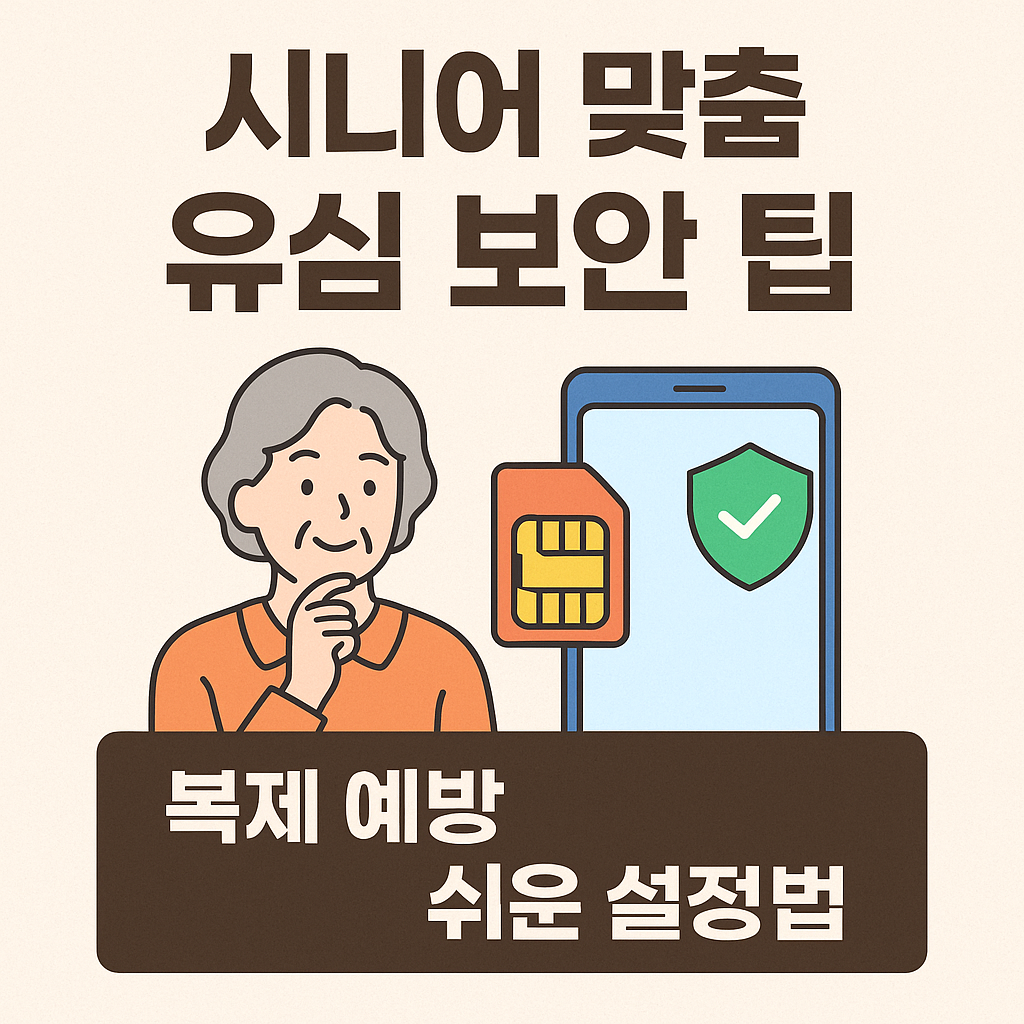 “유심 보안 팁을 설명하는 시니어 여성을 중심으로, 스마트폰과 유심칩, 보안 아이콘이 함께 있는 삽화. ‘시니어 맞춤 유심 보안 팁’, ‘복제 예방’, ‘쉬운 설정법’이라는 문구가 포함된 안전한 스마트폰 사용 안내 이미지.”